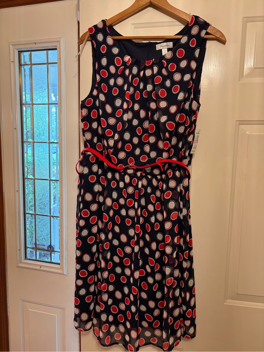 dressbarn Navy Dress with Red and Light Gray Polka Motif